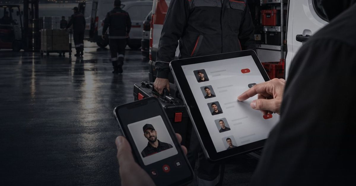 Sahada bir çalışan; elde ekip kartlarının listesini gösteren bir tablet ve bir çalışanın kartını gösteren telefon